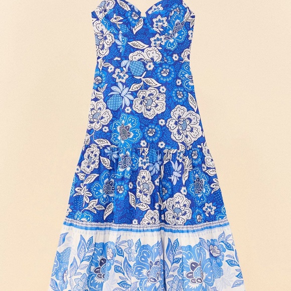 FARM RIO Organic Cotton Blue White Floral Corset Top Tiered Maxi Dress Medium M - Picture 10 of 10